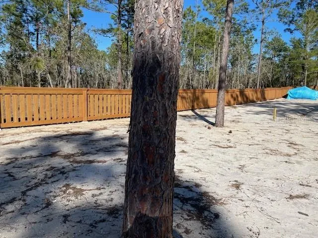 a view of wooden fence and trees