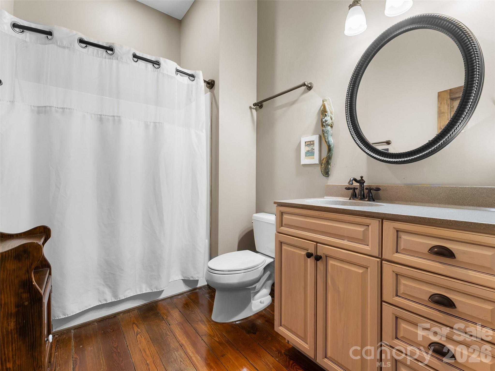 60 West Morgan Street Brevard, NC 28712 - Photo 23 of 48 a bathroom with a sink a mirror a toilet and a window