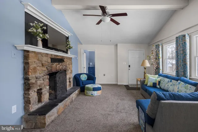 a living room with furniture and a fireplace