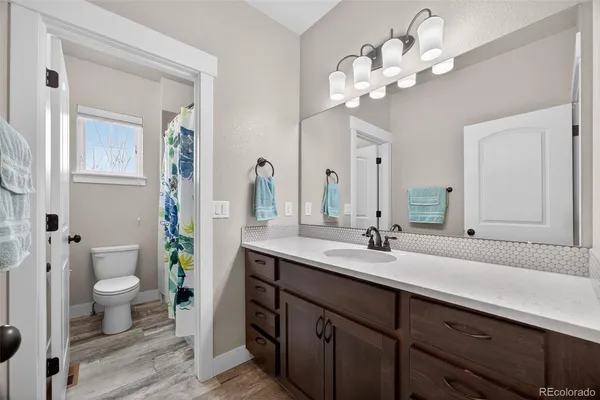 a bathroom with a double vanity sink toilet and a mirror