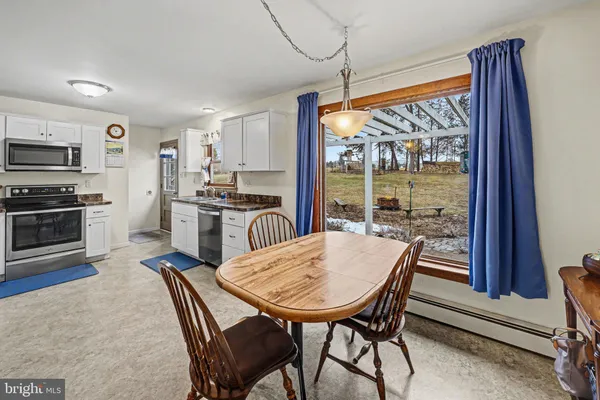 a view of a dining room with furniture window and outside view