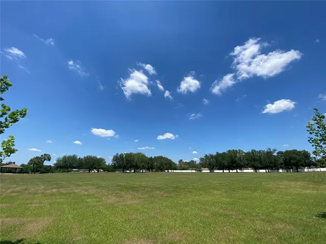 a view of a ocean with a big yard and large trees