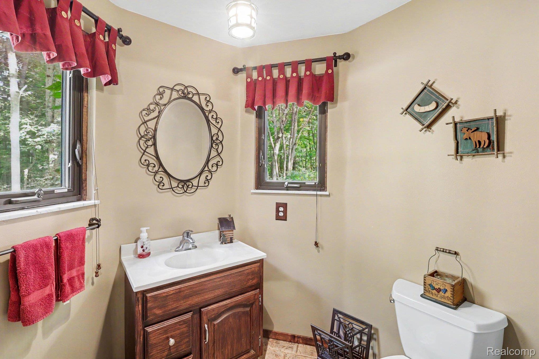 6300 North Raddatz Road Fowlerville, MI 48836 - Photo 32 of 42 Recessed sink with single-handle faucet, integrated vanity, dual windows, and ceiling-mounted light fixture
