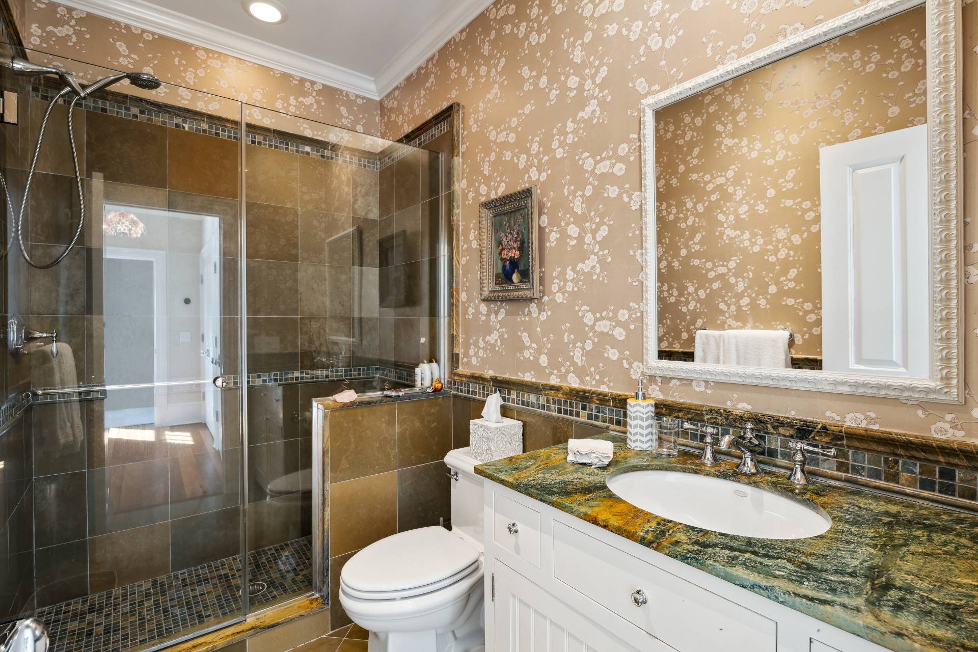 25 Jordan Drive Water Mill, NY 11976 - Photo 34 of 43 a bathroom with a granite countertop sink a mirror a toilet and shower