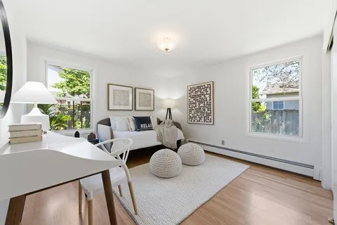 a living room with furniture and a potted plant