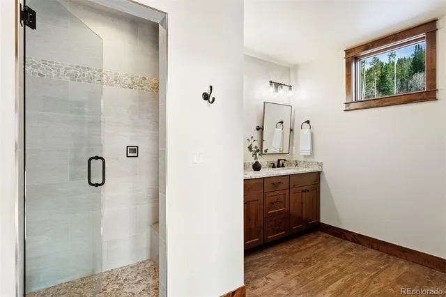a bathroom with a sink a mirror and a shower