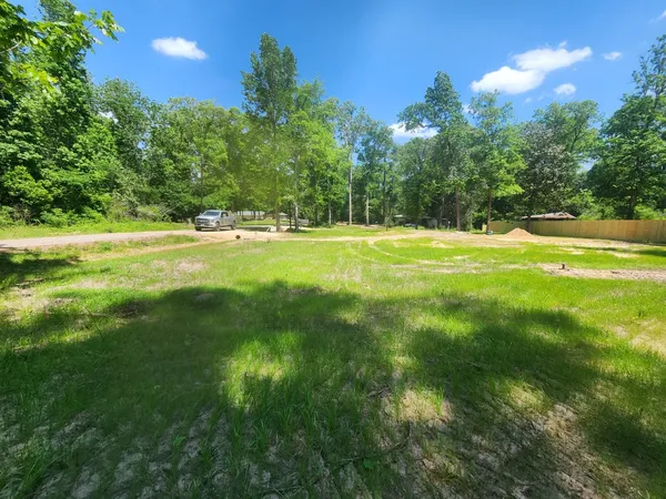 a view of a yard with a house in the background