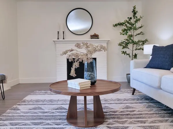 a living room with furniture and a potted plant