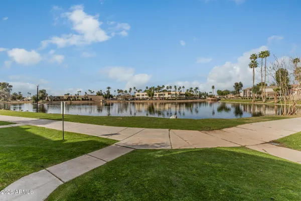 a view of a lake with houses