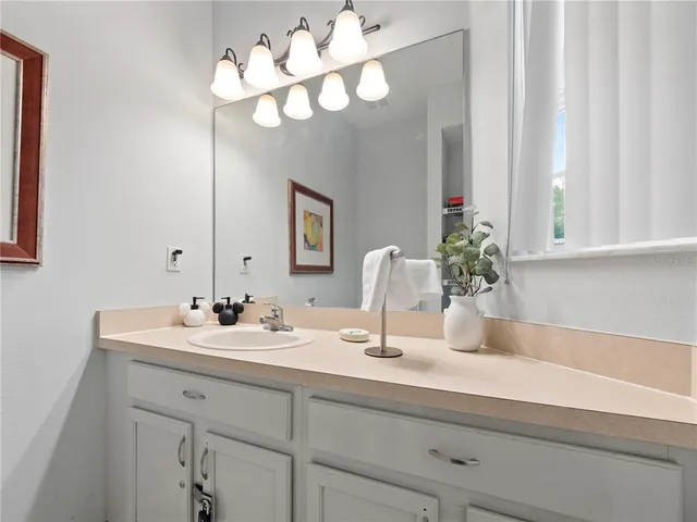 a bathroom with a sink a large mirror and vanity