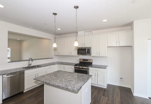 a kitchen with a sink a counter space appliances and cabinets