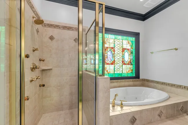 a bathroom with a bathtub and a shower