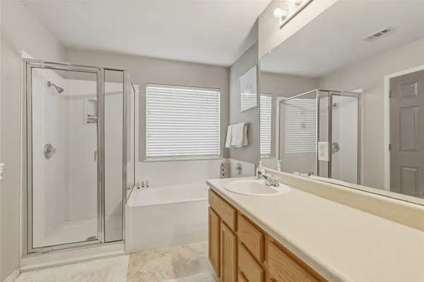 a bathroom with a sink a mirror and a shower