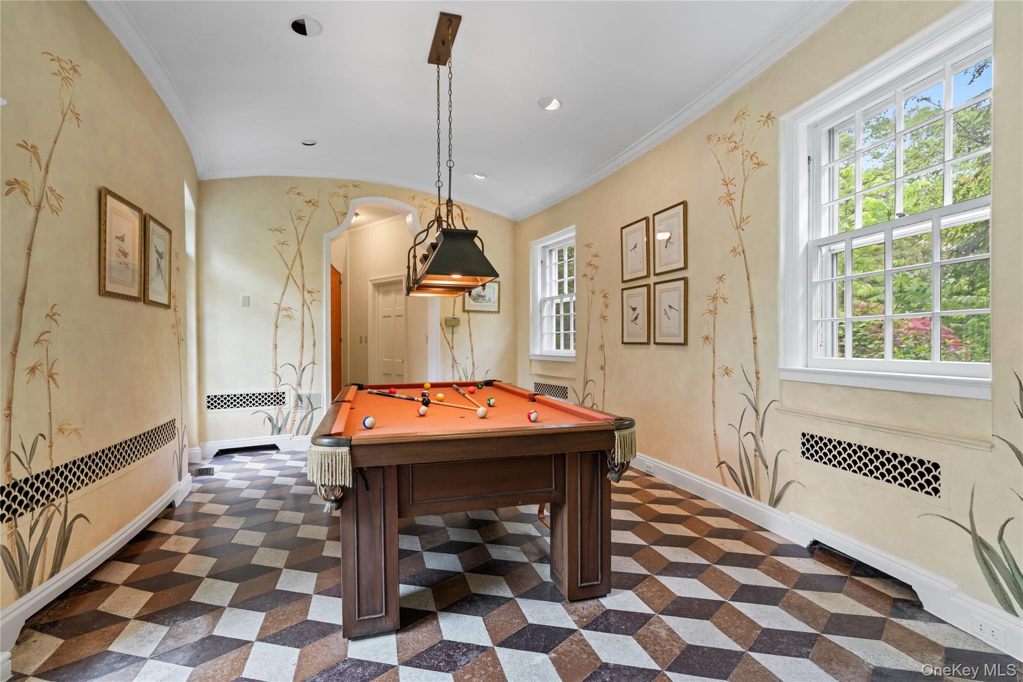 88 Wheatley Road Old Westbury, NY 11568 - Photo 11 of 40 Playroom with ornamental molding, pool table, arched walkways, vaulted ceiling, and recessed lighting