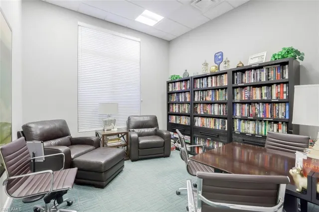 a living room with furniture and a book shelf