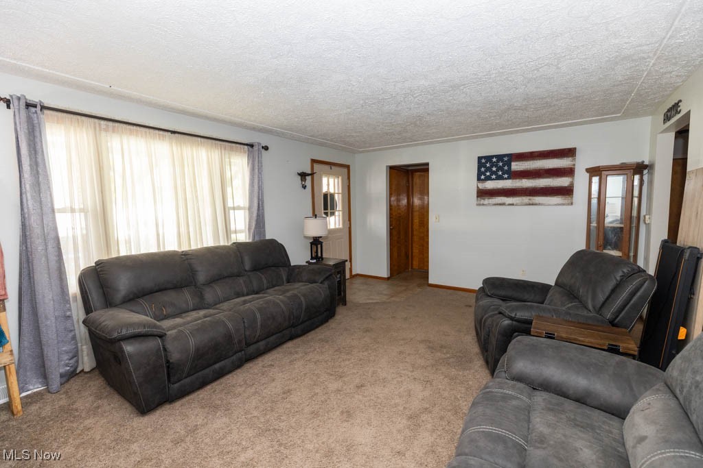 Carpeted living room featuring a textured ceiling and baseboards