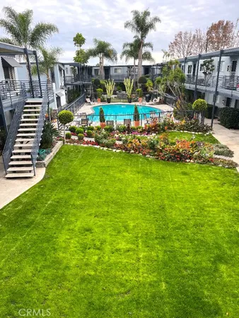 a view of a swimming pool with lawn chairs and plants