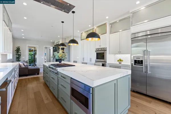a kitchen with a stove and a potted plant