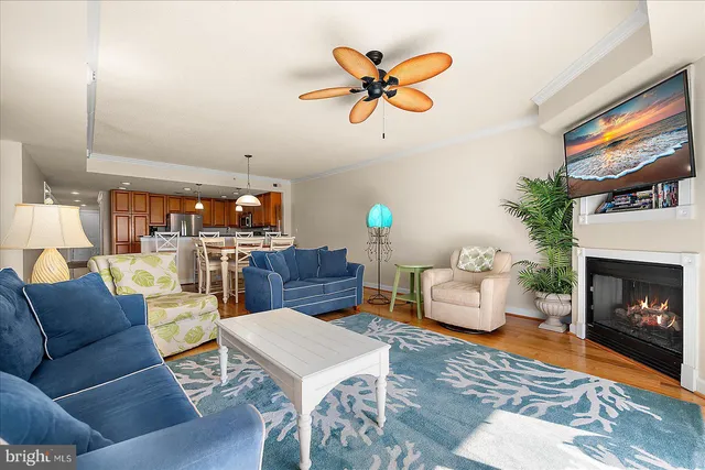 a living room with furniture kitchen view and a fireplace