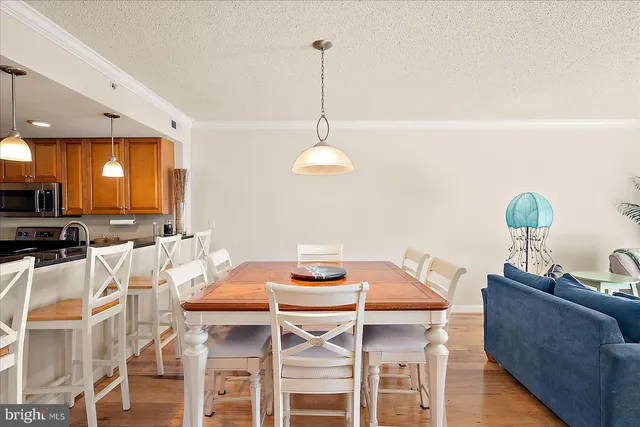 a view of a dining room with furniture