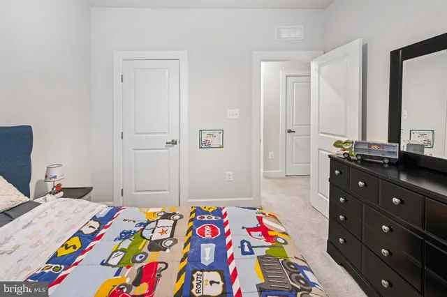a spacious bedroom with a bed and a cabinets