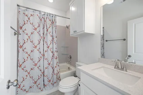 a bathroom with a shower sink and mirror