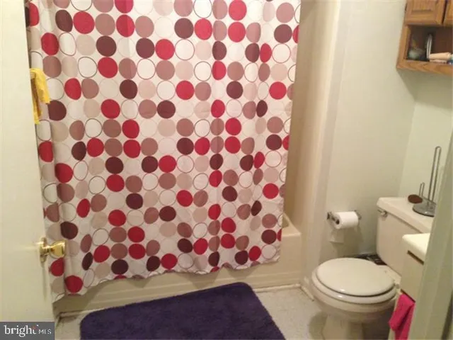 a bathroom with a toilet and a shower curtain