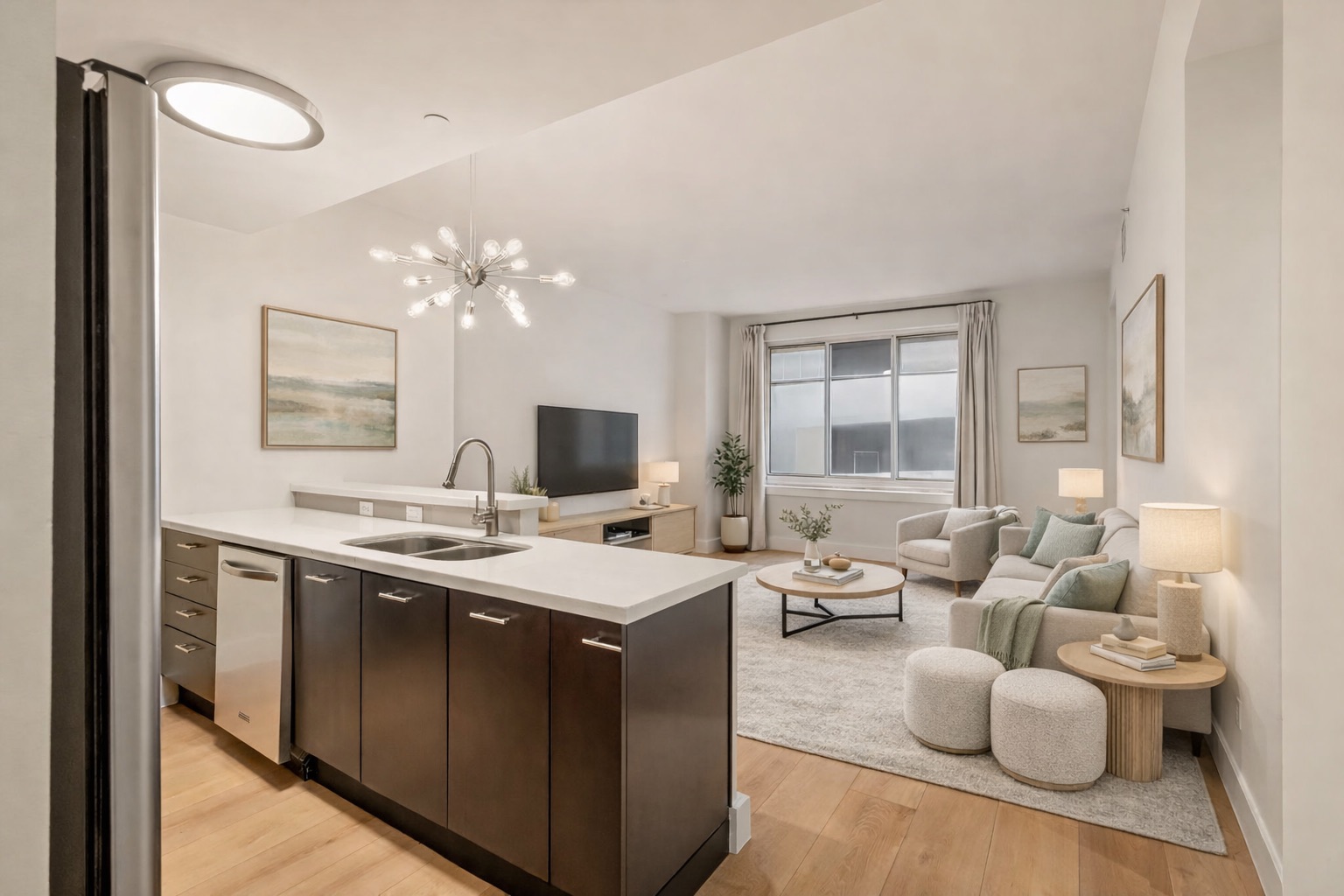 Welcome Home! This recently refreshed offering has brand new wide white oak floors, fresh paint throughout and new black-out French return window treatments!