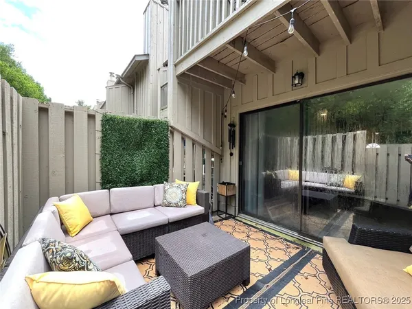 a building outdoor space with patio furniture