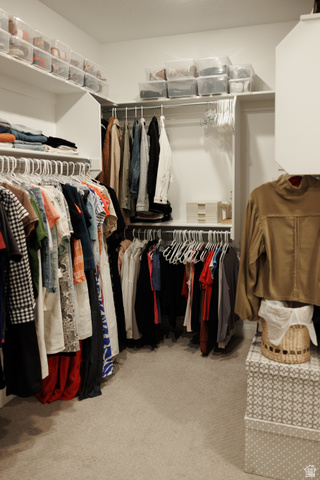 629 Spring Lily Drive St. George, UT 84790 - Photo 16 of 50 Primary closet featuring light-colored carpeting, multiple hanging rods, and integrated shelving