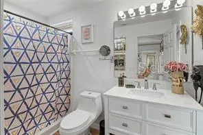 a bathroom with a sink a toilet a mirror and shower curtain