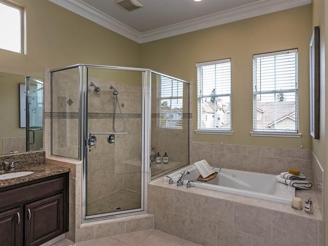 7209 Emami Drive San Jose, CA 95120 - Photo 19 of 33 a bathroom with a granite countertop tub sink shower and mirror