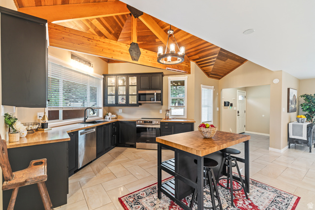 460 Omni Point Road Central Valley, UT 84754 - Photo 25 of 101 Kitchen featuring exposed wood beam vaulted ceilings, black cabinetry, stainless steel appliances, a wood butcher block island, and light tile flooring