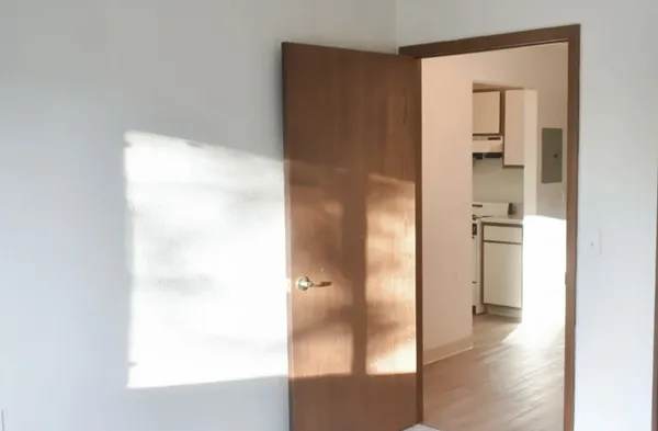 a view of an empty room with wooden floor