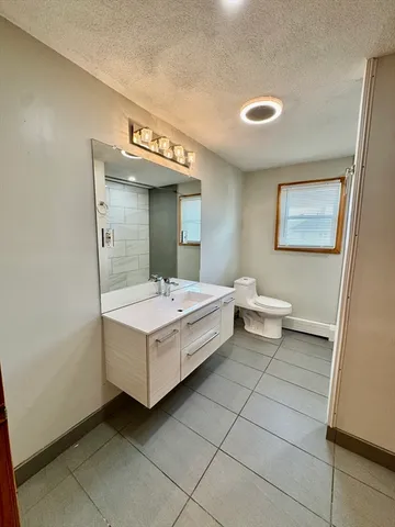 a bathroom with a sink a toilet and mirror