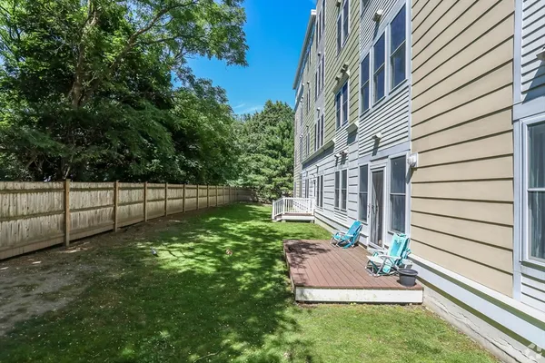 a view of a backyard with potted plants and a large tree