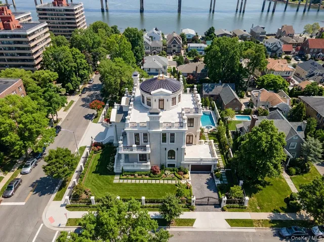 an aerial view of a house with a garden