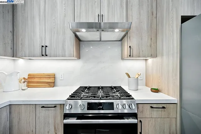a stove top oven sitting inside of a kitchen