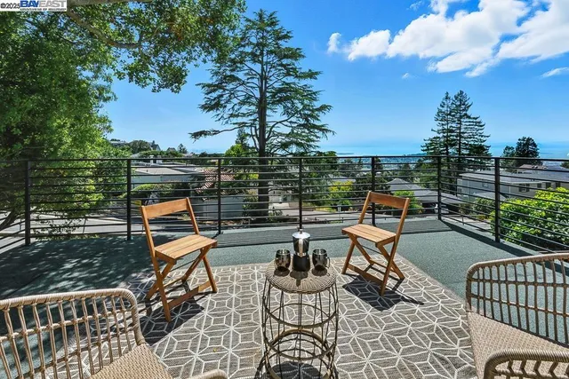 a terrace with outdoor seating and city view