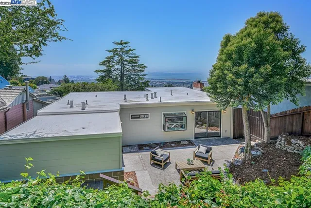 a backyard of a house with table and chairs