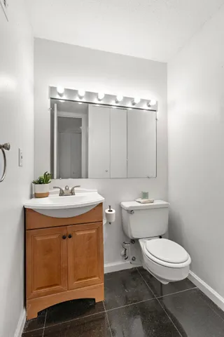 a bathroom with a sink a toilet and mirror