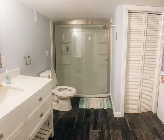 a bathroom with a sink a toilet a shower and a window