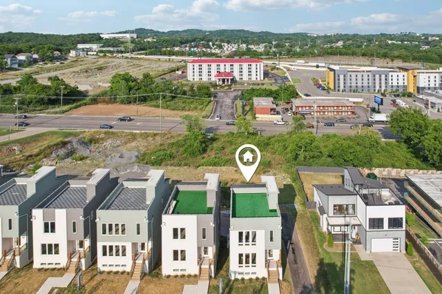 a view of a city with lawn chairs and a large tree