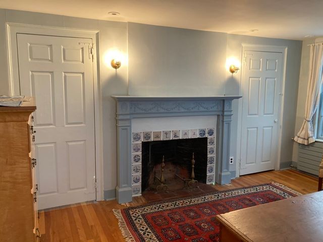 a living room with a fireplace