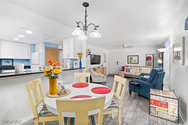 a view of a dining room with furniture