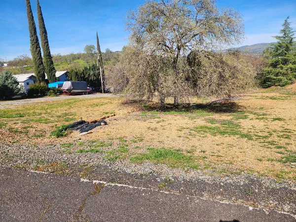 a view of a yard with a building in the background