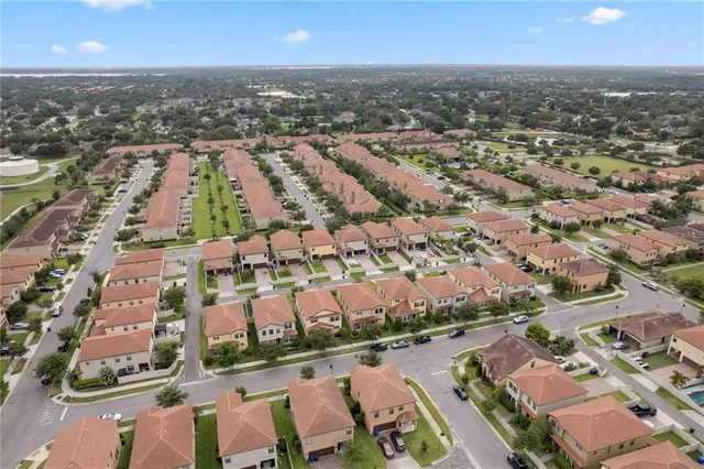 an aerial view of residential houses with outdoor space