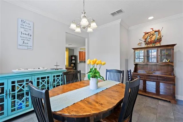 a view of a dining room with furniture a potted plant and wooden floor