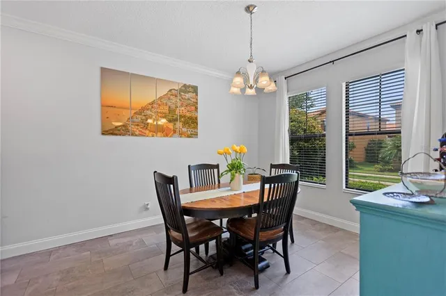 a view of a dining room with furniture window and outside view