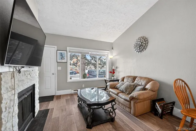 a living room with furniture a fireplace and a flat screen tv